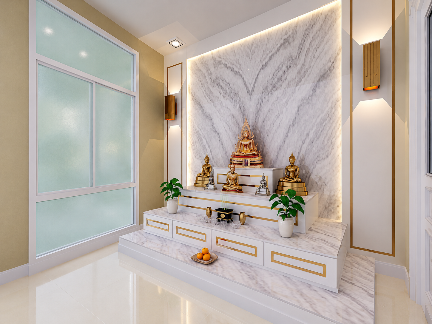 ห้องพระโทนขาวทอง มีแท่นพระพุทธรูปและผนังลายหินอ่อน